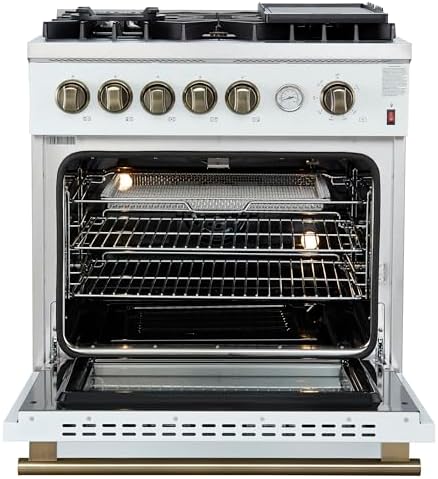FORNO Giovanni 30-inch Freestanding Gas Range 5 Burners 67,000 BTU, 4.32 cu. ft. Convection Oven with Air Fryer Kit, Reversible Griddle, Wok Support & Heavy-Duty Control Knobs, Classic White Finish