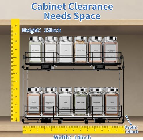 BOIVSHI 2-Tier Pull Out Spice Rack, Spice Rack Organizer, Pull Out Spice Racks for Inside Cabinets, Height Adjustable Heavy Duty Metal Basket for Inside Cabinet & Pantry (13.5''Wx10.5''Dx9.5''H)