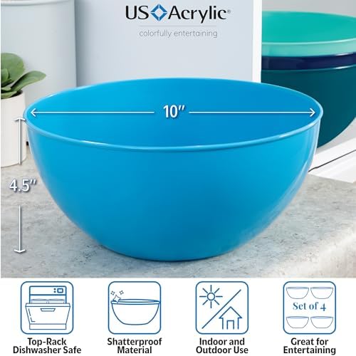 US Acrylic Vista Durable Plastic Salad and Serving 10-inch Bowls | Set of 4 in Coastal Colors | Reusable, BPA-free, Made in the USA | 135 oz. capacity (Pack of 2)
