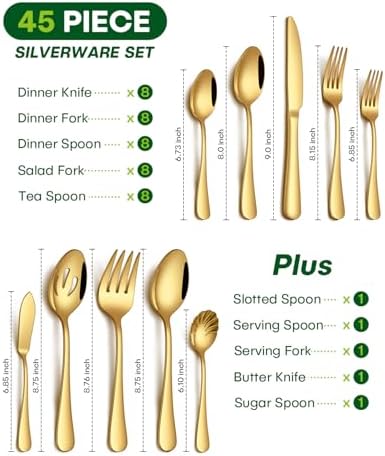 PHILIPALA 45 Piece Gold Silverware Set with Serving Utensils, Stainless Steel Flatware Set for 8 Food Grade Novelty Cutlery Utensil Set Include Knife Fork Spoon Mirror Polished Dishwasher Safe