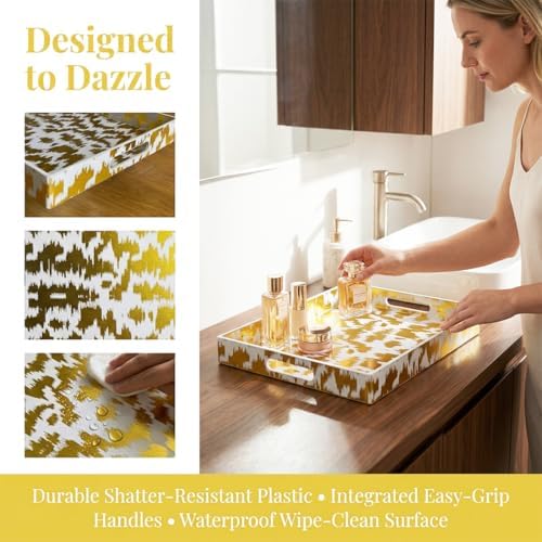 White & Gold Glitter Abstract Serving Tray with Handles, 15.8”x11.7”x1.6” Rectangular Decor Tray – Multipurpose for Breakfast in Bed, Bathroom Vanity, Living Room & Entertaining