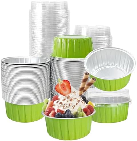 100Pcs Aluminum Cups with Lids,5oz Disposable Ramekin Baking Cups Muffin Liners Mini Pie Pans Foil Cupcake Containers for Christmas Party Wedding Party,Grass Green
