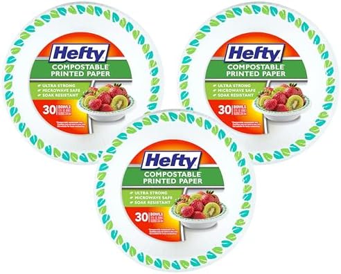 Hefty Compostable Paper Bowls, 12 oz, 30 Count, Patterned Disposable Bowls for BBQs, Parties, Holidays, Potlucks, and Everyday Use, Soak-Resistant, Made with Plant-Based Materials, Microwave Safe