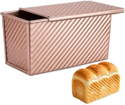 Pullman Loaf Pan with Lid, Aluminized Steel 1 Lb Nonstick Sandwich Bread Pan for Homemade Bread, 8.4x4.8 Inch Professional Rectangular Loaf Pan with Dough Scraper and Cutter