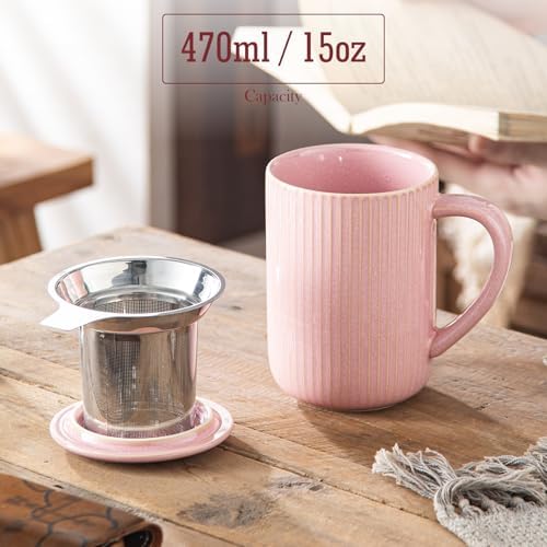 Yundu 15.5oz/470ml Flambe Pink Ceramics Teacups with Infuser and Lid, Loose Leaf Tea Cup