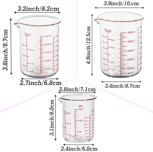 3 Piece Glass Measuring Cup Set, Includes 1/2-Cup, 1-Cup, and 2-Cup High Borosilicate Glasss Liquid Measuring Cups, Dishwasher, Freezer, Microwave, and Preheated Oven Safe, Essential Kitchen Tools