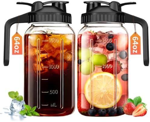 64oz Glass Pitcher with Lid & Spout – 2 Quart Mason Jars, Airtight & Leakproof Breastmilk Pitcher for Cold Brew Coffee, Sun Tea, Water, Juice – Wide Mouth, Fridge Safe