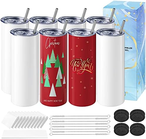 Hiipoo 8 Pack Sublimation Tumblers Blank 20 oz Straight Skinny with Sublimation Papers, Lids and Straws, Shrink Wrap Films, Stainless Steel Double Wall Insulated Tumbler for Mug Press Machine