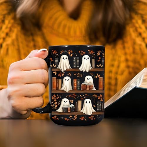 Hyturtle Cute Ghost Read Book Mug - Black Coffee Cup Ceramic Mug 15 Oz And Keychain - Book Gifts For Women Lover - Bookish Gift For Bookworm Librarian - Inspirational Librarian Present For Halloween