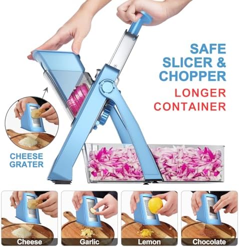 SupMaKin Upgrade Safe Mandoline Slicer,Multi Vegetable Chopper,Potato Slicer, Onion Chopper with Drain Basket Storage Container, Cheese Grater Kitchen Chopping Artifact (BlueGray)