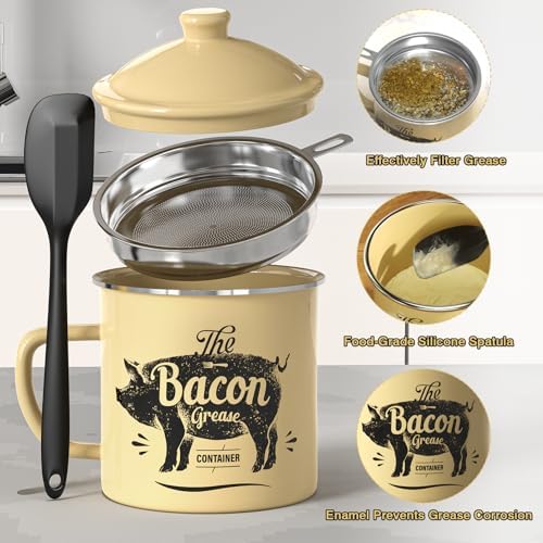 PGYARD Bacon Grease Container with Strainer-46OZ Enamel Keeper with Spatula