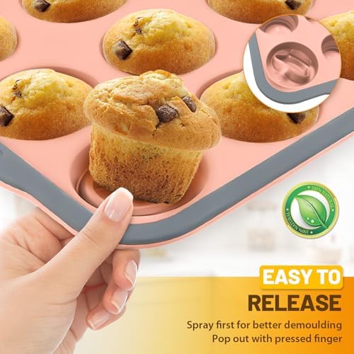Silicone Muffin Pan, 12 Cups Non-Stick Cupcake Pan, Food-Grade BPA-Free Muffin Tin, Oven-Safe 450 °F, Reinforced Steel Frame, Easy-Grab Handles, Quick-Release 2.3" Baking Molds for Mini Treats