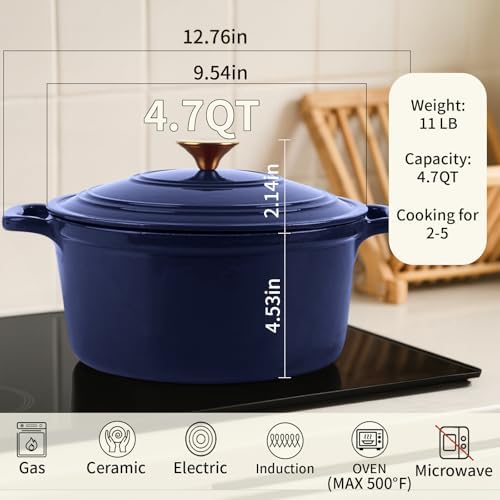 Enameled Cast Iron Dutch Oven with Lid&Silicone Grip, Round Casserole Pot for Bread Baking, Braising, Roasting,Stews,Heavy-Duty Baking Pan,Oven Safe, Induction Compatible (4.7QT,Indigo)