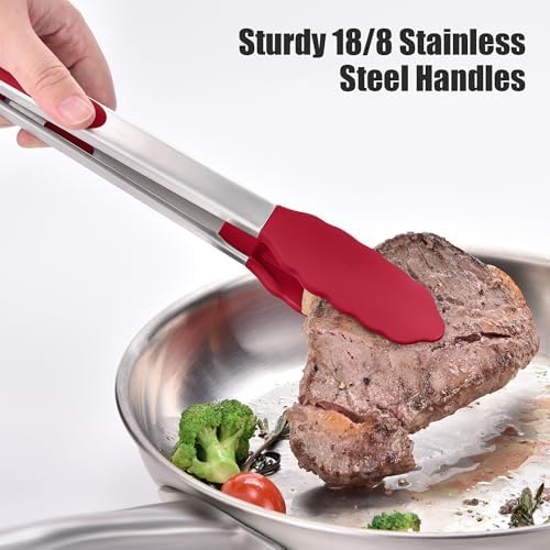 Doosu Kitchen Tongs with Silicone Tips for Cooking Serving (9+12in, Red)