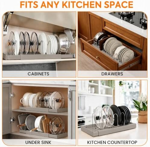 2 Pack Expandable Pots and Pans Organizer under Cabinet, Adjustable Pot Lid Organizer Rack with 9 Stainless Steel Dividers, Food Container Lid Holder for Kitchen Countertop Storage (Gray)