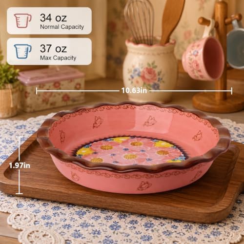 Ceramic Pie Pan for Baking, 10.6 inch Hand-Painted Pie Plate for Cooking, 37 oz Deep Dish Pie Pans, Non-Stick Pie Dishes for Apple Pie, Tart, Pizza, Quiche, Oven & Dishwasher Safe, Lead-Free, Pink