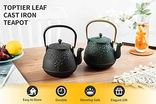 Toptier Tea Kettle for Stove Top, Cast Iron Teapot Stovetop Safe with Infusers for Loose Tea, 54 oz, Black