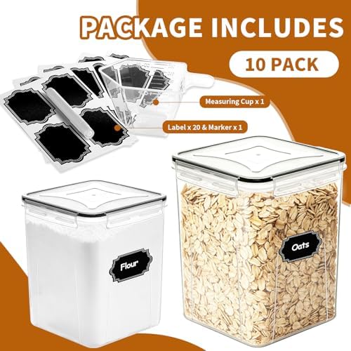Flour Sugar Storage Containers, 10 Pack Large Airtight Food Storage Containers with Lids for Kitchen Pantry Organization and Storage, BPA Free Plastic Canisters Sets for Cereal, Rice and Baking