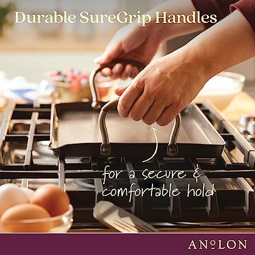 Anolon Advanced Home Hard Anodized Nonstick Double Burner Griddle/Grill Pan with Roasting Rack, 10 Inch x 18 Inch, Bronze