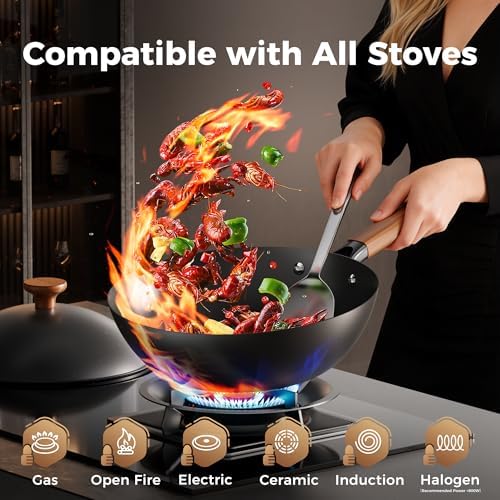 Sanho 12.6 Inch Carbon Steel Wok Pan, 5QT Woks & Stir-Fry Pans Nonstick with Lid, No Seasoning Required & 0 Coating, Compatible with All Cooktops & Utensils for Stir Fry, Pan-Fry, Steam, Camping