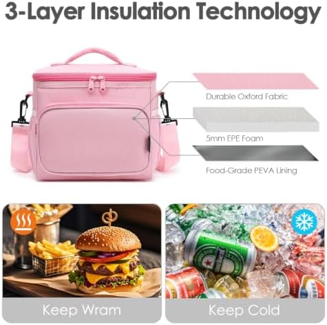 FlowFly Insulated Reusable Lunch Bag Adult Large Lunch Box for Women and Men with Adjustable Shoulder Strap,Front Zipper Pocket and Dual Large Mesh Side Pockets,Pink