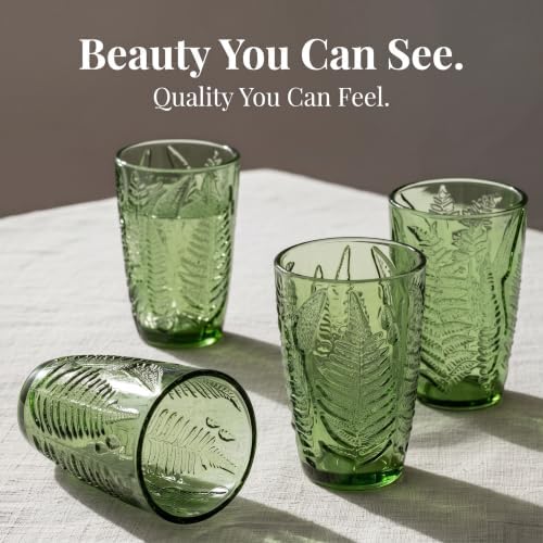 Green Drinking Glasses Set of 4, 12 oz Glass Cups, Vintage Fern Glassware