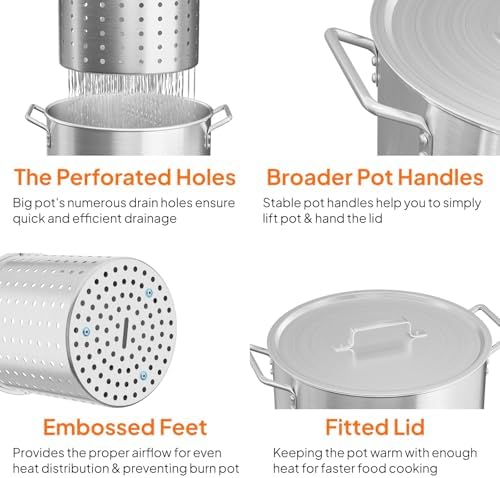 Bonnlo 30QT Aluminum Stock Pot for Boiling Seafood, Crawfish & Crab, Frying Turkey & Steaming Tamales, Large Boil Pot with Strainer Basket, Lid, Lifting Hook & Steamer Rack for Outdoor Cooking