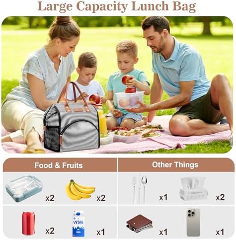 LOKASS Lunch Bag Insulated Lunch Box Wide-Open Lunch Tote Bag Large Drinks Holder Durable Canvas Thermal Snack Organizer for Women Men Adults Work Picnic Hiking Beach Fishing,Stripes