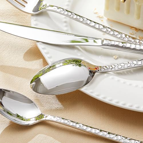 20 Piece Hammered Silverware Set, 18/10 Stainless Steel Flatware Set for 4