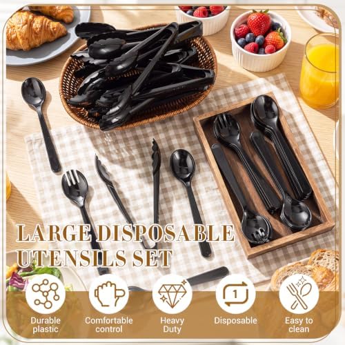 FoldTier 36 Pcs Disposable Plastic Serving Utensils Set Black Serving Spoons Forks Tongs, Disposable Utensils for Party Weddings Birthday Dinner Buffets Banquets
