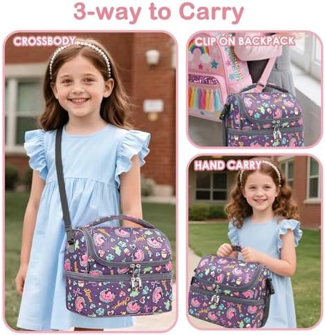 FlowFly Double Decker Cooler Insulated Lunch Bag Large Tote for Boys, Girls, Men, Women, With Adjustable Strap (Purple-Unicorn)