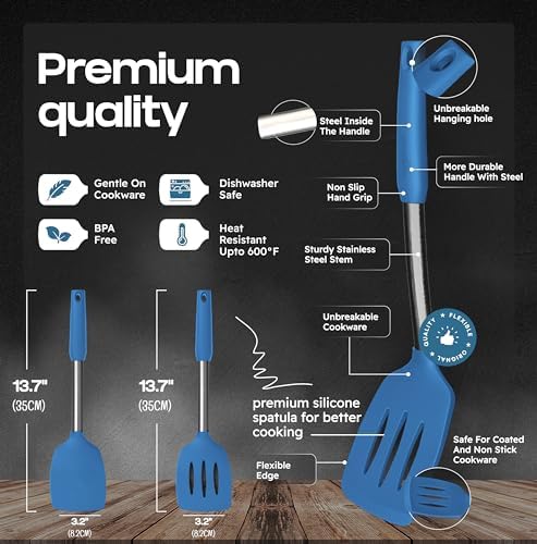 BakeRoyal Silicone Spatula Set - Turner Spatulas Silicone Heat Resistant 600°F - Slotted & Solid Spatula for Cooking Fish, Eggs, Pancakes Flipper – Spatulas for kitchen use – Blue