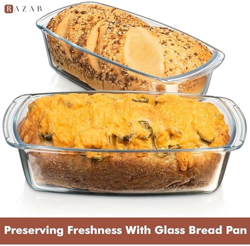 Razab (2 Pack 1800ml / 1.9 Qt Large Glass Bread Baking Pan Set with Lids