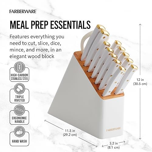 Farberware 15-Piece Kitchen Knife Block Set, White and Gold
