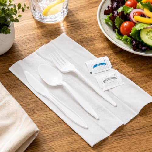 KitchenDine 100 Pack Medium Weight Wrapped white Plastic Cutlery Pack with Napkin and Salt/Pepper Packets (White)