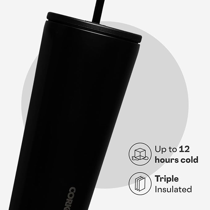 Corkcicle Cold Cup Insulated Tumbler with Straw - Keeps Drinks Cold for 12 Hours - Triple-Insulated Stainless Steel - Leak-Resistant Lid - Summer Drinkware Gift - 24 oz - Matte Black