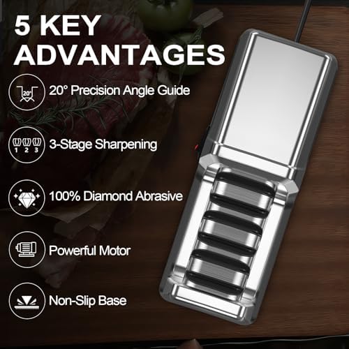 Knife Sharpener Electric – Professional 3-Stage 100% Diamond Sharpening System with 20° Precision Angle, Fast Blade Restoration, Polishing, Repair & Edge Refining for Kitchen & Outdoor Knives