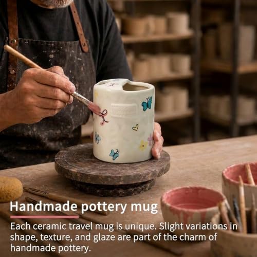 Ceramic Travel Mug with Half Lid, Handmade Butterfly Pottery Mug