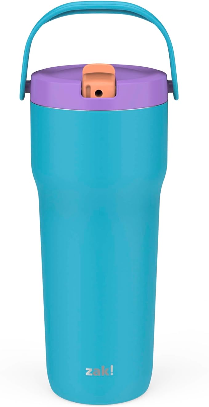 Zak Designs Sutton Travel Tumbler for On the Go, 30oz Stainless Steel with Vacuum Insulation, Straw Spout, Carry Handle for Cold Drinks (Turquoise)