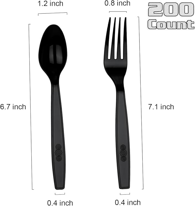 200 Count Black Plastic Silverware, Heavy Weight Plastic Forks Spoons, Disposable Utensils Cutlery Set for Wedding Party Supplies Everyday Use