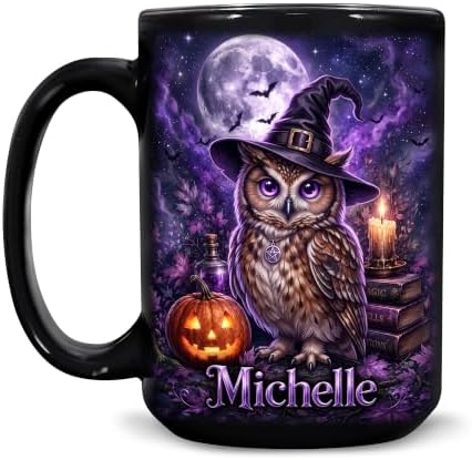 Hyturtle Personalized Halloween Owl Mug, Custom Name Gift for Women