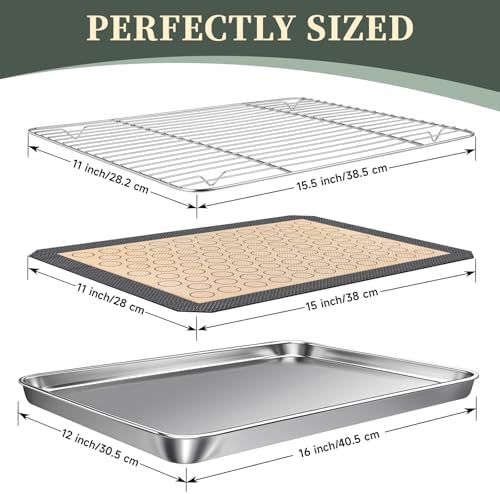 Stainless Steel Baking Sheet Tray Cooling Rack with Silicone Baking Mat Set, 16 x 12 x 1 Inch Cookie Sheet Pan with Wire Rack Set, Set of 6 (2 Sheets + 2 Racks + 2 Mats), Heavy Duty & Rust Proof