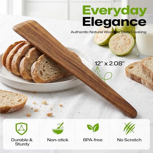 AIUHI 12 Inch Wooden Spatula for Cooking, Non-Stick Safe Teak Spatula Turner, Wooden Egg Flipper & Scraper, Essential Wooden Cooking Utensils for Kitchen