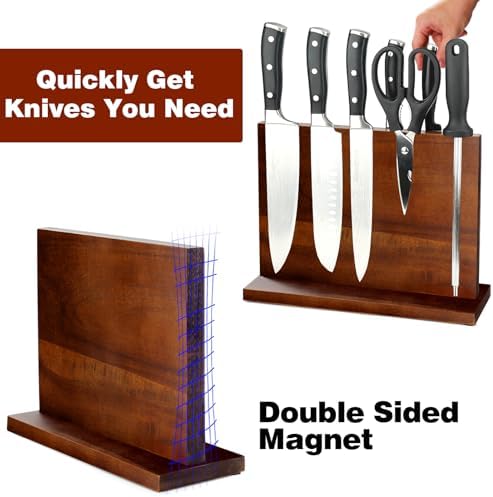 Magnetic Knife Block Double Sided Magnetic Knife Holder Rack with Strong Enhanced Magnets Acacia Wood Magnetic Knife Storage Stand-Dark Brown