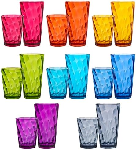 US Acrylic Optix Plastic Reusable Drinking Glasses (Set of 16) 14oz Rocks & 20oz Water Cups in Jewel Tone Colors | BPA-Free Tumblers, Made in USA | Top-Rack Dishwasher Safe