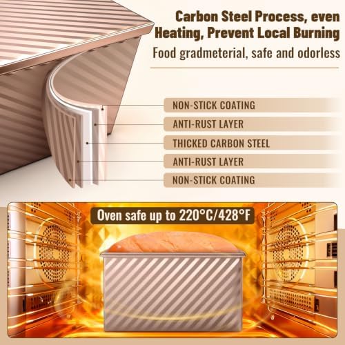 3 Pack Pullman Loaf Pans, Bread Pans with Lids, Golden