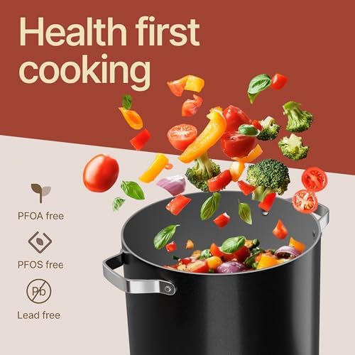 Bakken 16 Quart Ceramic Coated Stock Pot with Lid, Easy Clean Nonstick Pot, Tempered Glass Lid, Riveted Stainless Steel Handles, Oven Safe Up To 500°F, PTFE & PFAS Free, All Stove Compatible, Black
