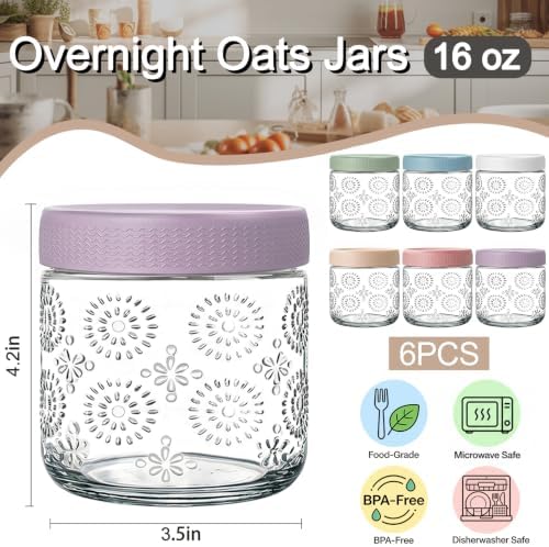 6 pack 16 oz Overnight Oats Containers with Lids, Glass Food Storage Container, Airtight Salad Jars, Mason Jars for Overnight Oats, Yogurt, Oatmeal, Salad, Coffee, Spices