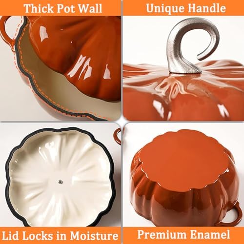 4-Quart Cast Iron Pumpkin Dutch Oven with Lid, Dual Handle, Stew Pot, Serves 3-5, Great for Stews, Casseroles, Halloween Thanksgiving Decorative Gift,Orange