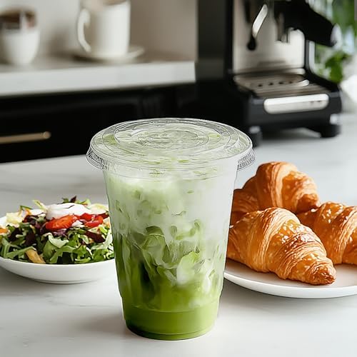 TashiBox plastic cups with lids [20 oz 100cups&100flat lids],Clear Crystal disposable plastic cups,smoothie cups (Pack of 2)